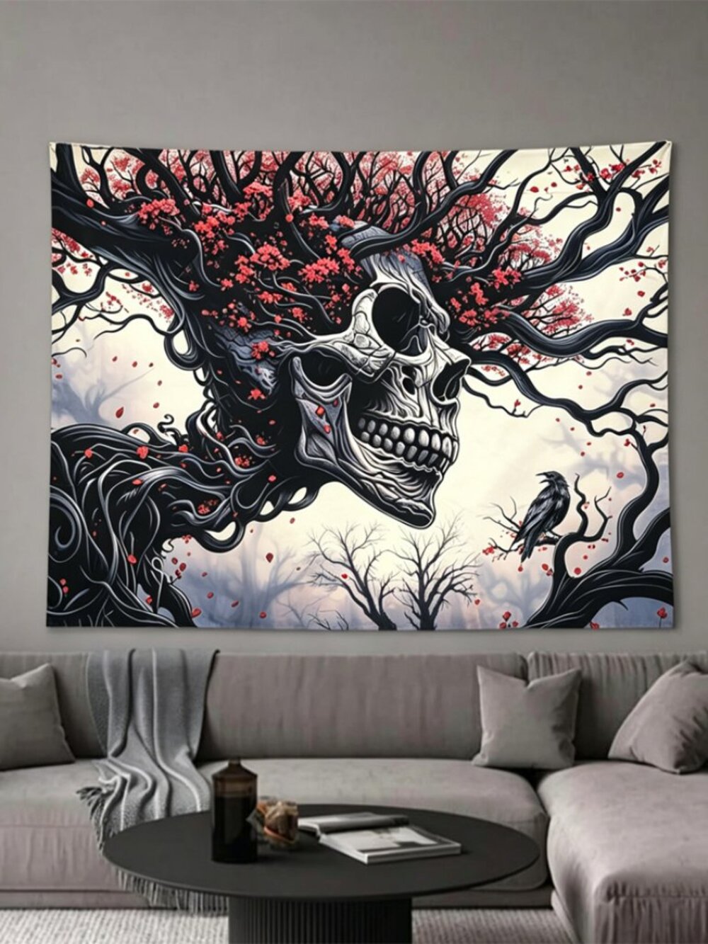 Gothic Skull Tree Raven Tapestry 51×60 Inch Red Floral Dark Forest Wall Decor